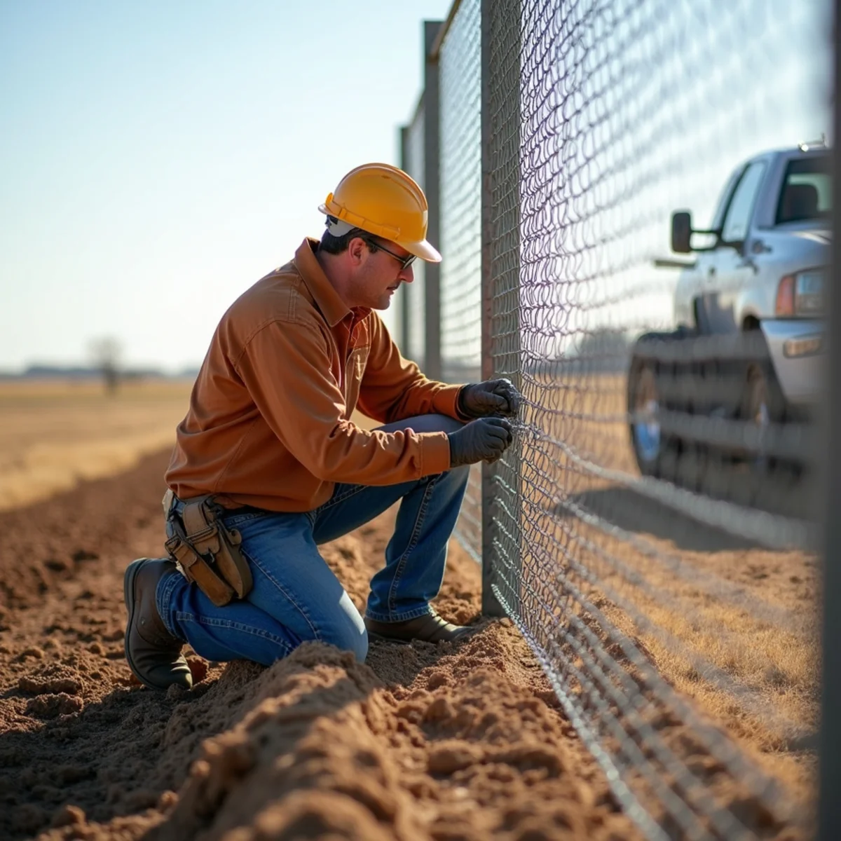 Skilled crew installing chain link fence with precision laser alignment