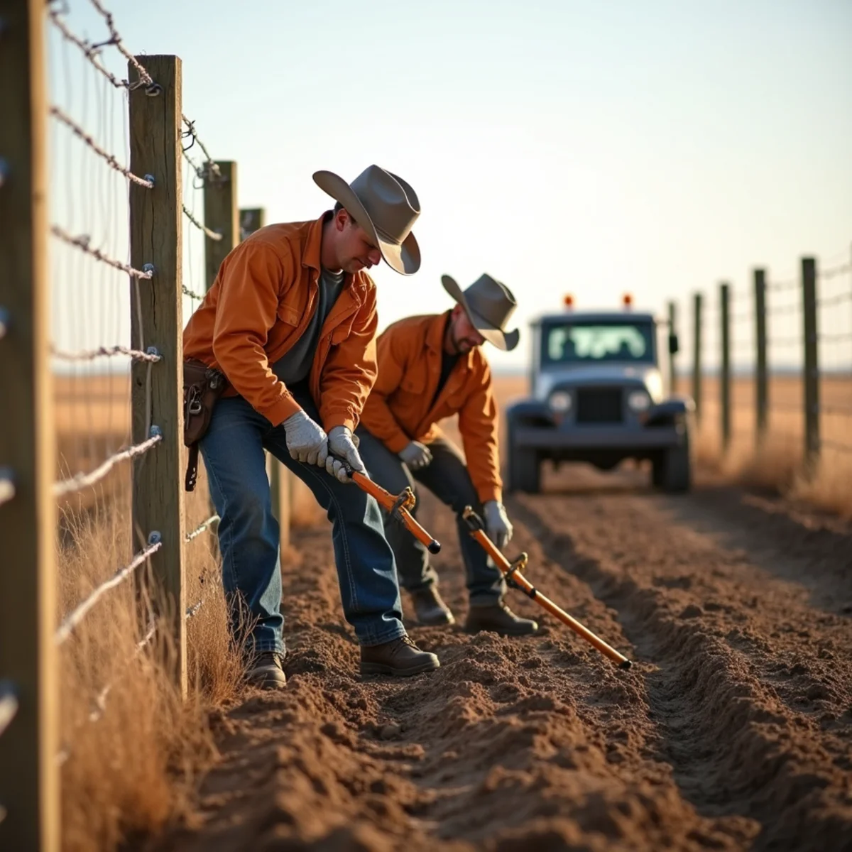 Skilled crew installing farm & ranch fencing with precision laser alignment