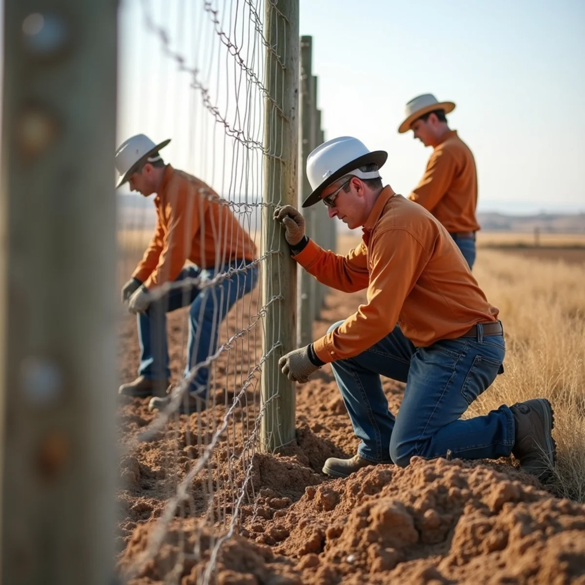 Skilled crew installing fence repair with precision laser alignment