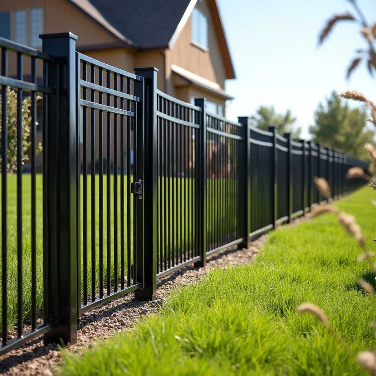 Black ornamental aluminum yard fence with matching walk gate Kansas